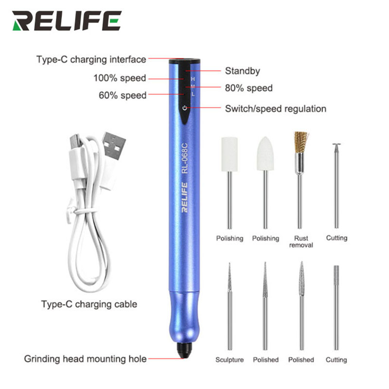 Мини-шлифовальная машинка Relife RL-068C с кабелем Type-C и подписями скоростей