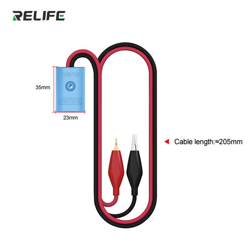 Інструмент для зняття акумулятора RELIFE RL-910 — розміри модуля 23×35 мм і довжина кабелю близько 205 мм