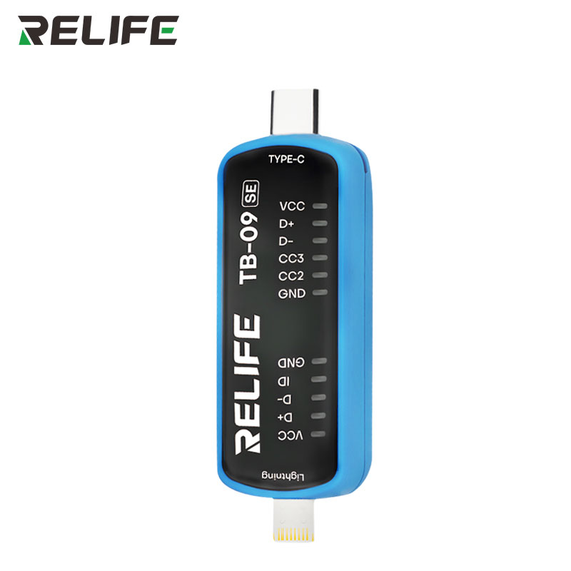 Тестер роз'єму зарядки RELIFE TB-09 SE, вид спереду, Type-C та Lightning