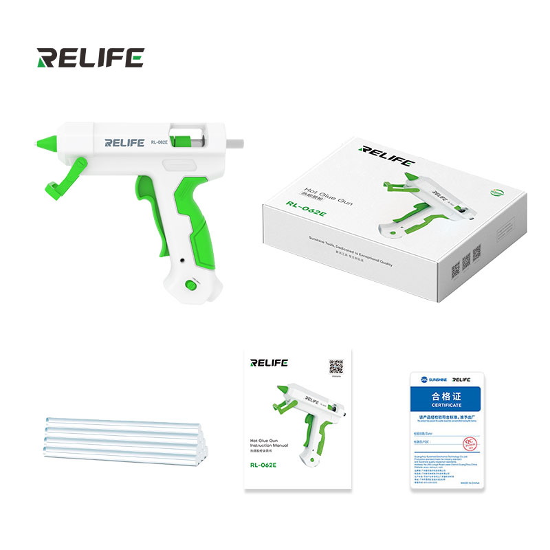 Комплектація клейового пістолета RELIFE RL-062E з упаковкою, стрижнями, інструкцією і сертифікатом