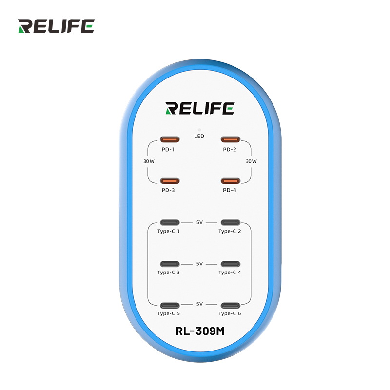 Вид сверху на зарядное устройство RELIFE RL-309M с подписями всех портов