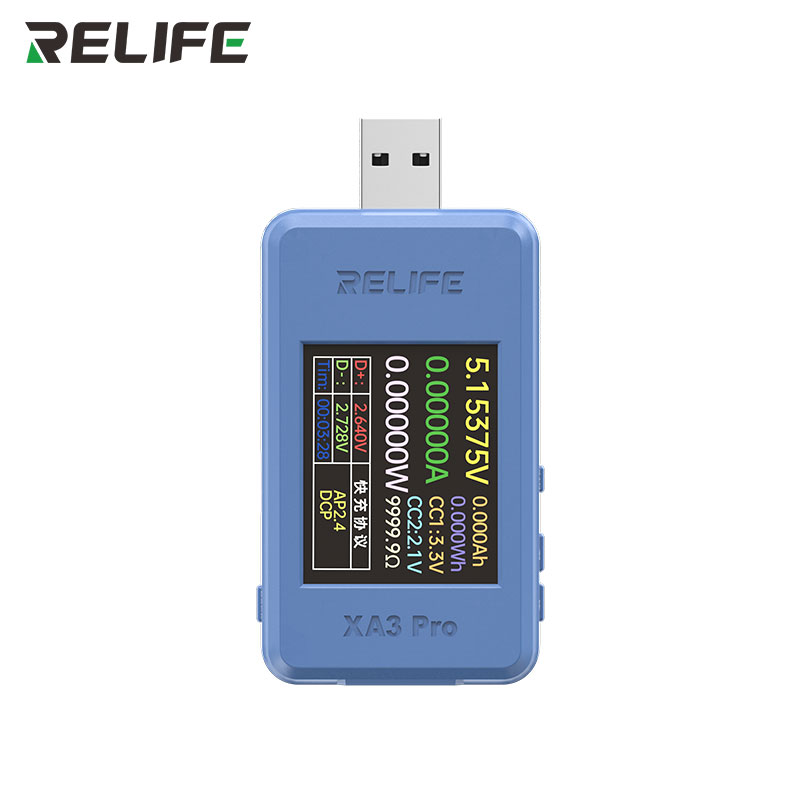 USB тестер RELIFE XA3 Pro — фронтальний вигляд, кольоровий TFT LCD дисплей