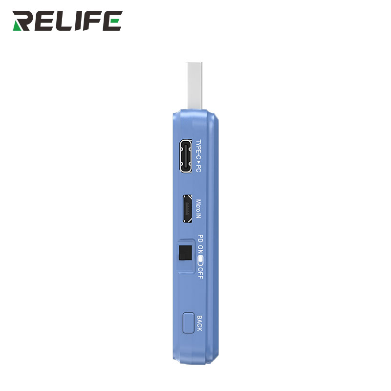 USB тестер RELIFE XA3 Pro — бічна панель, Type-C PC, Micro-USB IN, перемикач PD, кнопка Back