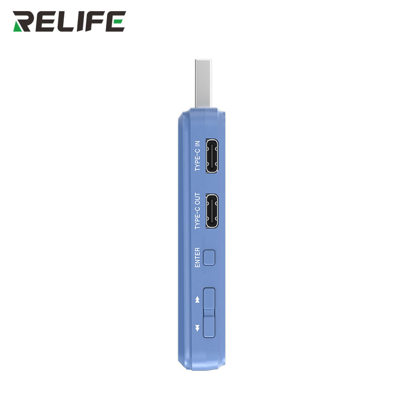 USB тестер RELIFE XA3 Pro — боковая панель, Type-C IN/OUT, кнопка Enter, кнопки перелистывания