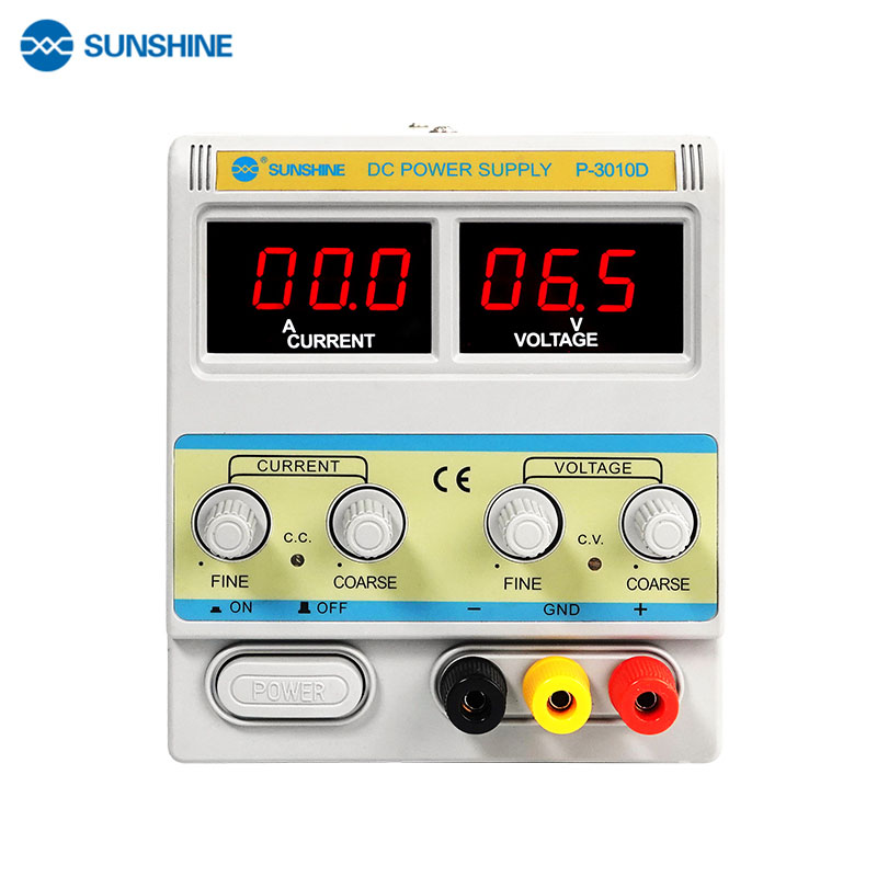 Блок живлення лабораторний Sunshine P-3010D трансформаторний фронтальний вид з LED-індикацією струму і напруги