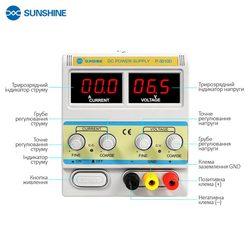 Блок живлення лабораторний Sunshine P-3010D трансформаторний схема органів управління і вихідних клем