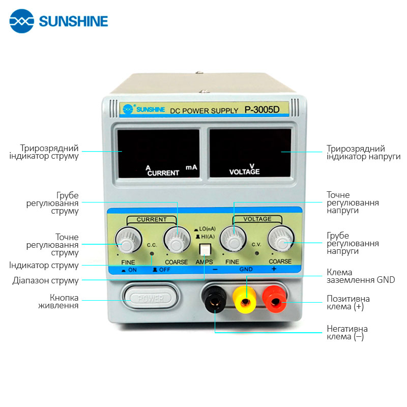 Блок живлення Sunshine P-3005D лабораторний передня панель з елементами управління