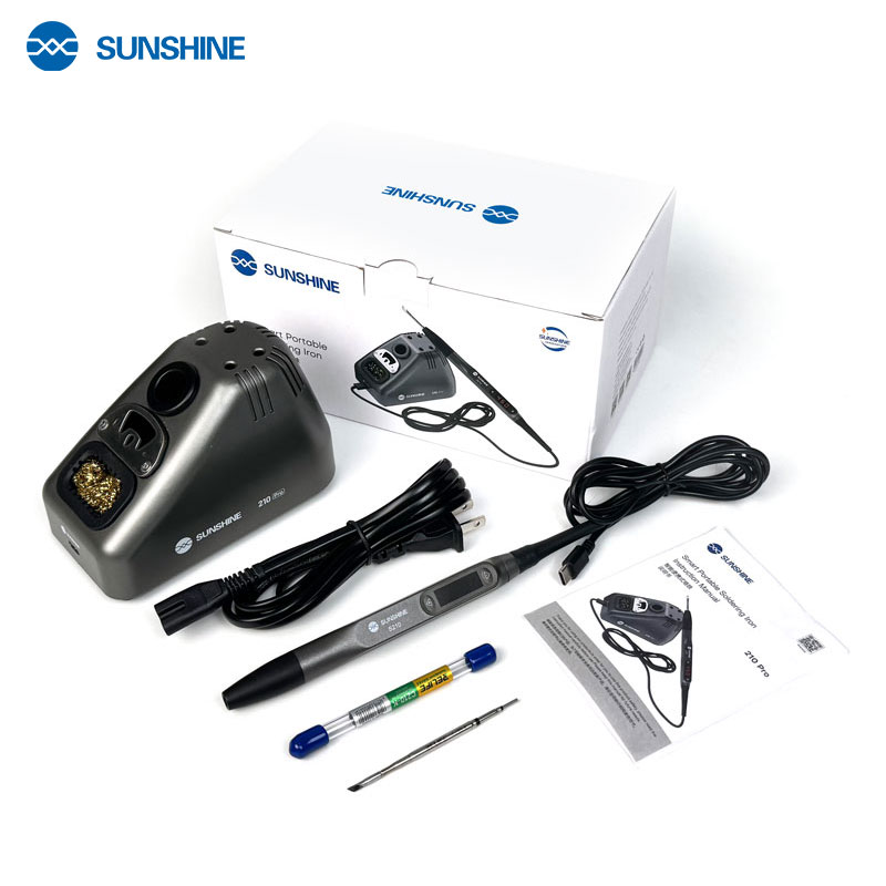 Полный комплект паяльника SUNSHINE S210 Pro: база, ручка, жало, кабели и коробка