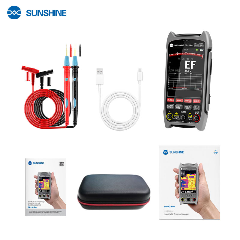 Комплект поставки мультиметра тепловизора Sunshine TB-10 Pro с кейсом, щупами и кабелем