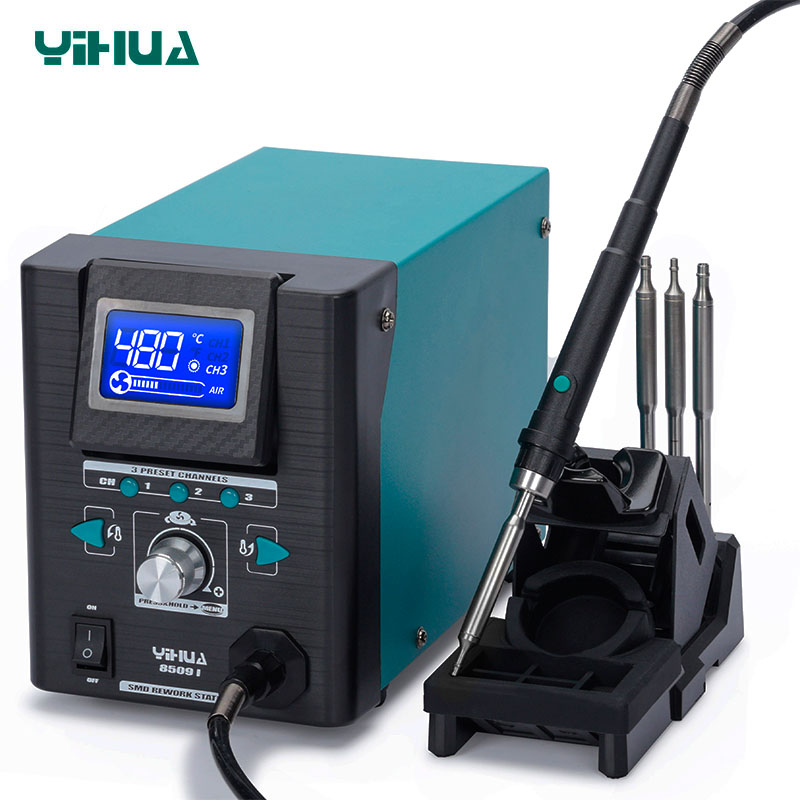 Паяльная станция YIHUA 8509-I передний вид микрофен и микронасадки