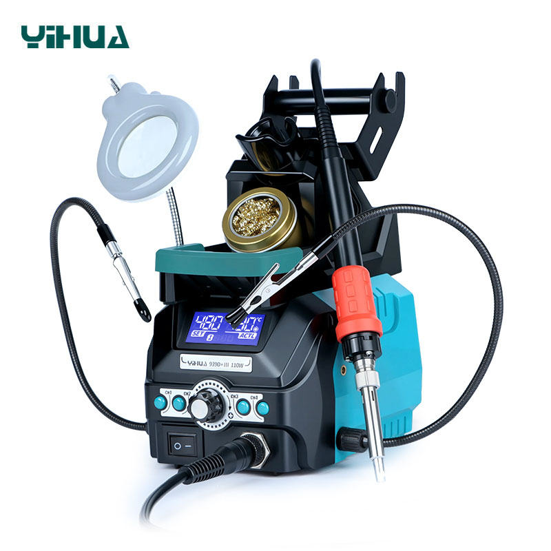 Паяльная станция YIHUA 939D+ III с LED-лупой, гибкими держателями и подставкой 3-в-1