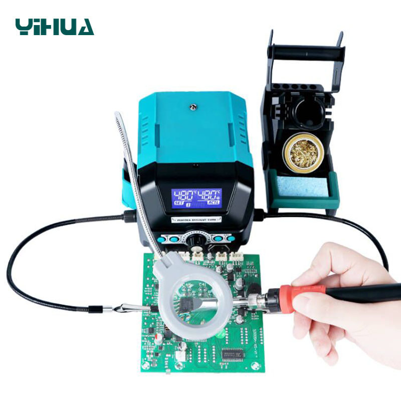 YIHUA 939D+ III — пайка друкованої плати, LED-лупа та гнучкі тримачі для фіксації
