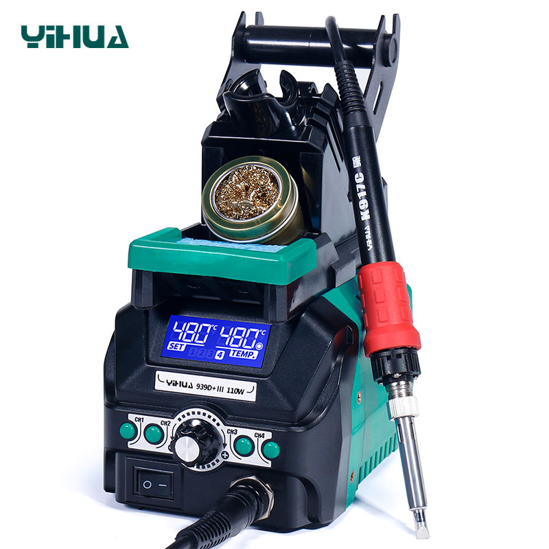 YIHUA 939D+ III — компактная паяльная станция с подставкой, LED-лупой и дисплеем