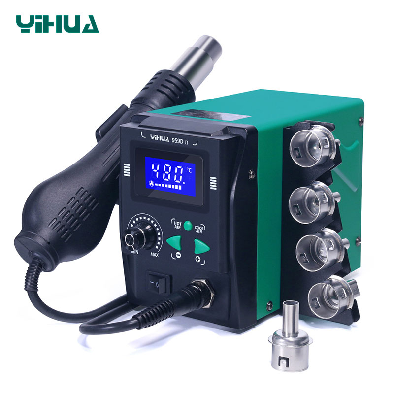 Термовоздушная паяльная станция YIHUA 959D II вид спереди с насадками