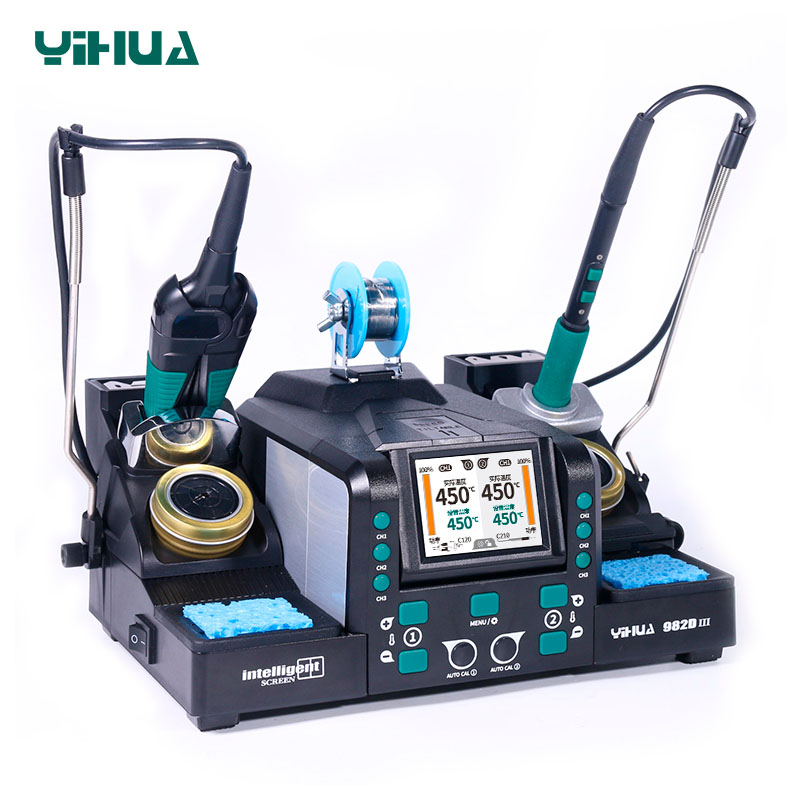 Паяльная станция YIHUA 982D-III вид сбоку с катушкой припоя
