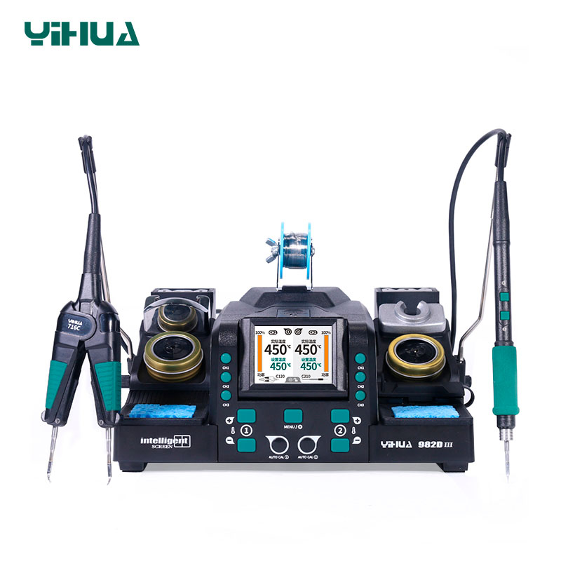 Паяльная станция YIHUA 982D-III фронтальный вид с установленными инструментами