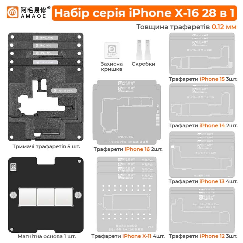 Комплектація набору Amaoe X-16 28 в 1 для реболінгу iPhone X-16