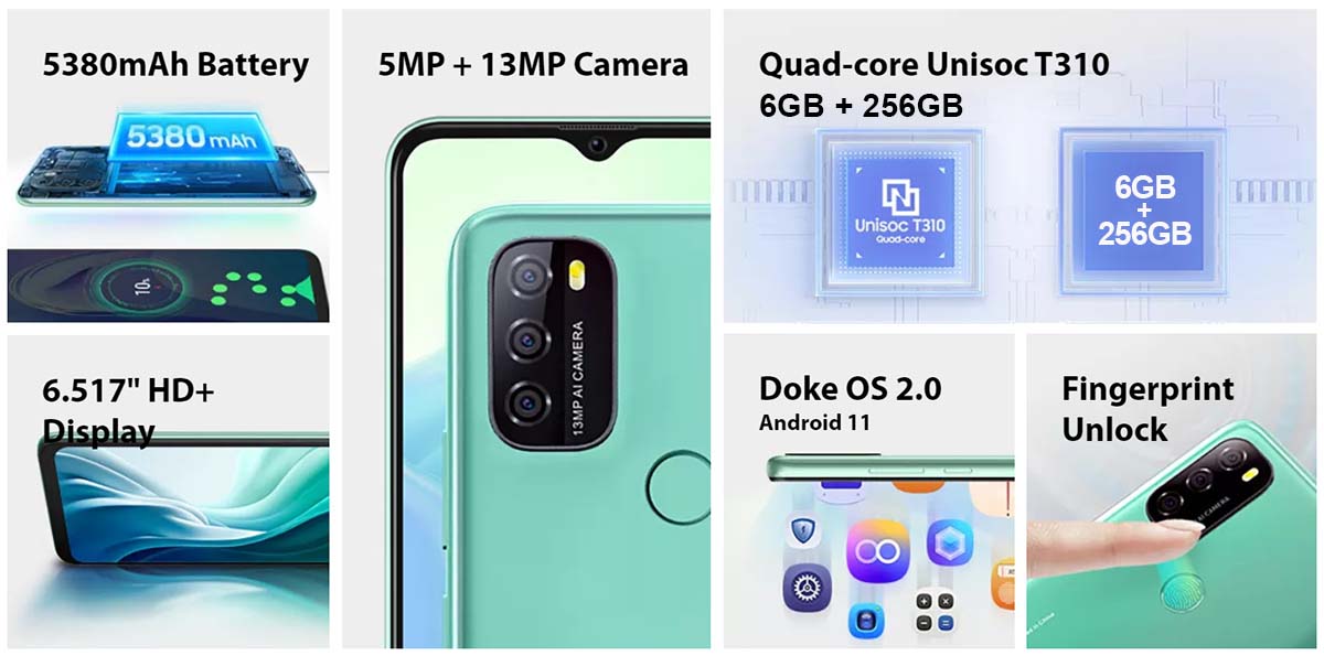 Смартфон Blackview A70 Pro, батарея 5380 мАч, камеры 5 МП + 13 МП, Unisoc T310, 6 ГБ + 256 ГБ, Doke OS 2.0, сканер отпечатков