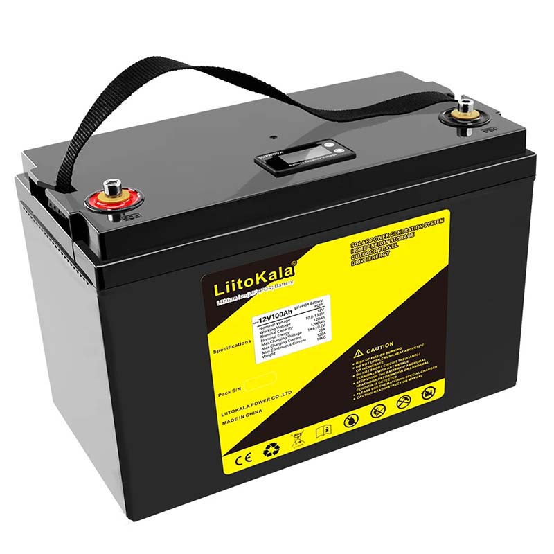 Аккумуляторная батарея LiitoKala LiFePO4 12V 100Ah с дисплеем LCD, вид сбоку с ручкой