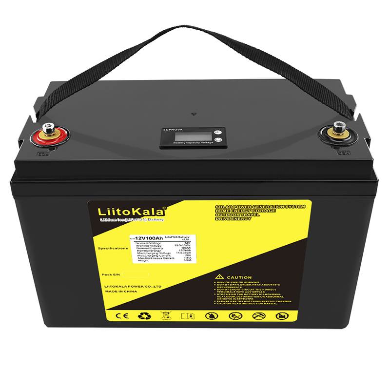 Аккумуляторная батарея LiitoKala LiFePO4 12V 100Ah с дисплеем LCD, вид сверху с ручкой