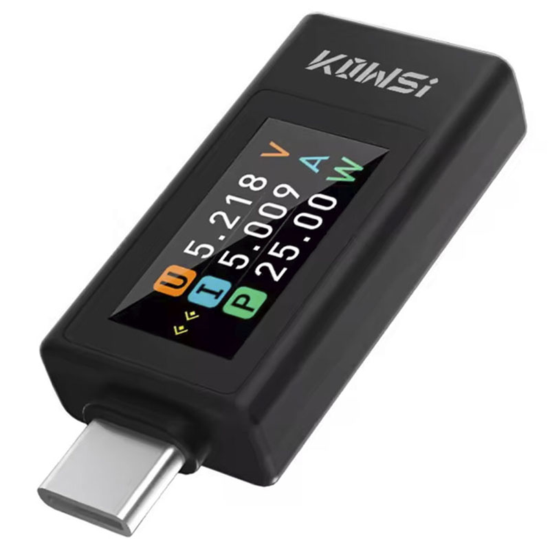 USB тестер KOWSI KWS-1902L черный, вид сбоку с дисплеем