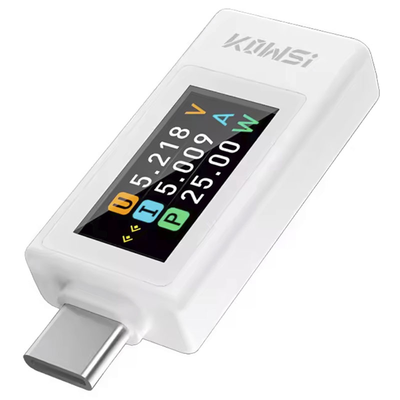 USB тестер KOWSI KWS-1902L белый, вид сбоку с дисплеем