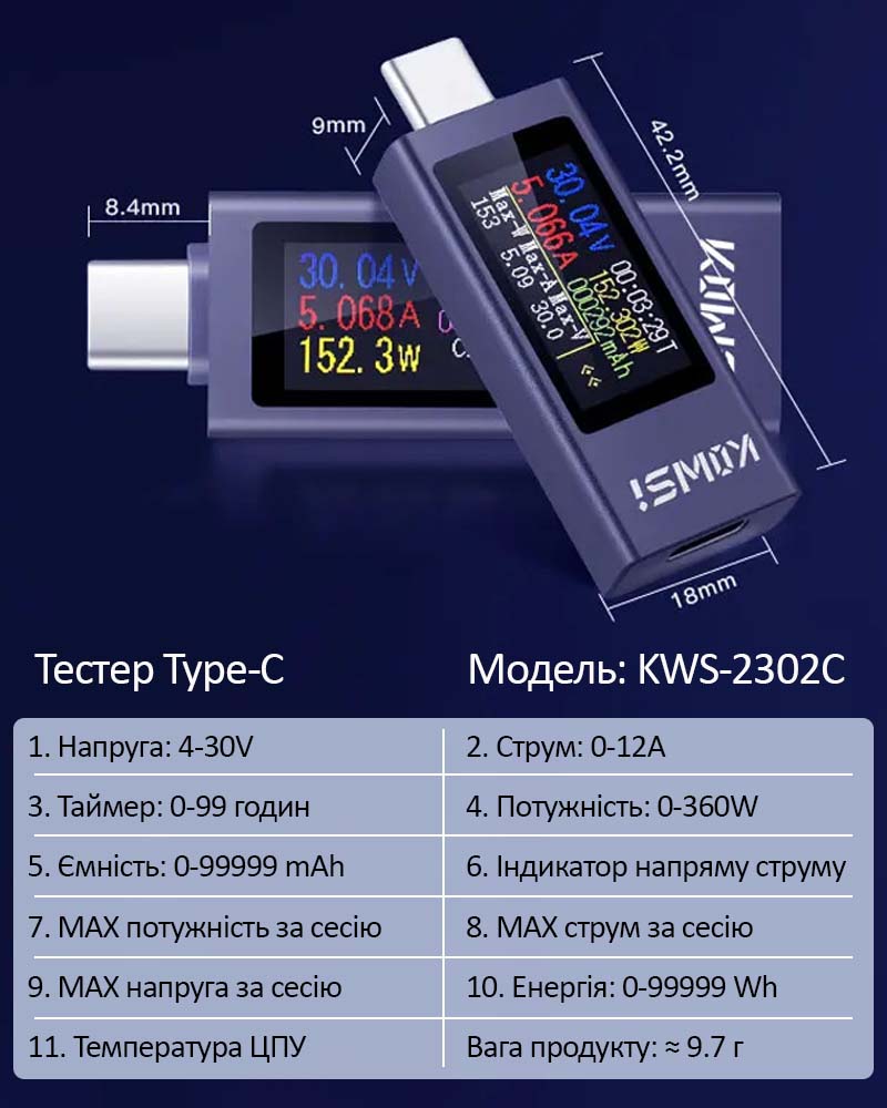 Багатофункціональний USB тестер KOWSI KWS-2302C Type-C ударостійкий технічні характеристики