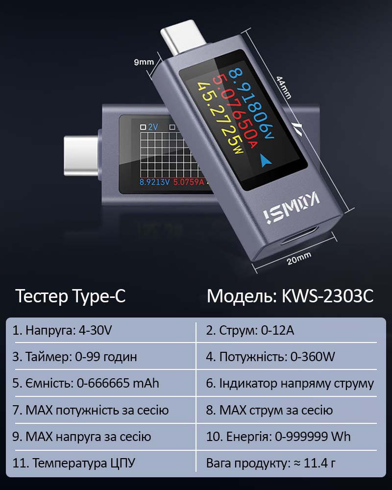 Багатофункціональний USB тестер KOWSI KWS-2303C Type-C ударостійкий технічні характеристики