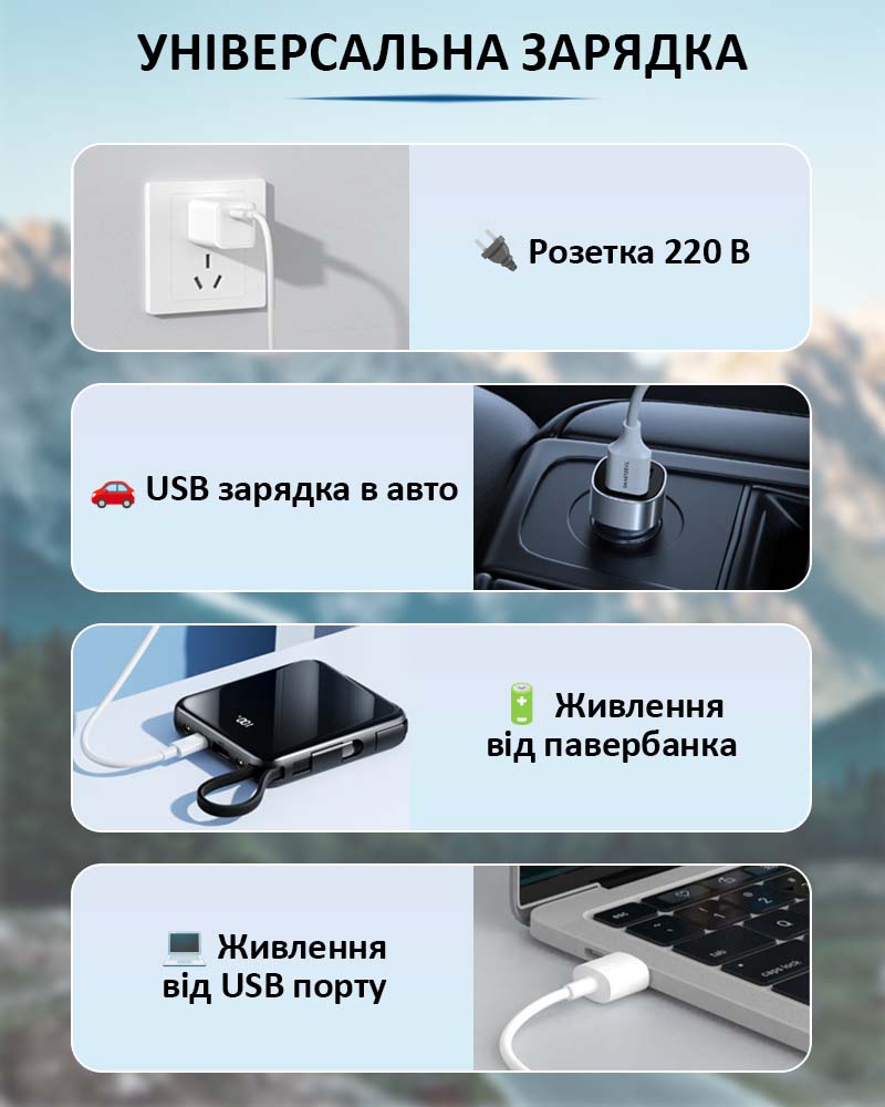 Универсальные варианты зарядки: розетка, авто, пауэрбанк, USB-порт