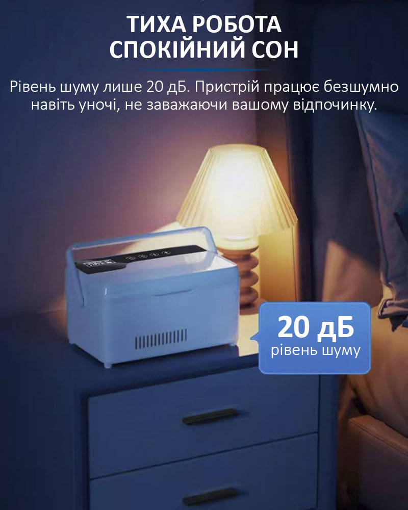 Низький рівень шуму 20 дБ — безшумна робота міні холодильника вночі
